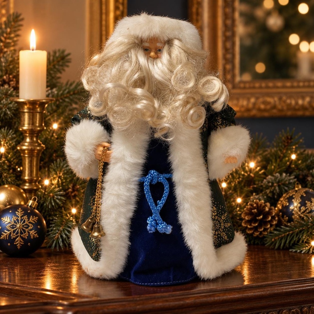 Christmas Santa Tree Topper Gold Brocade Coat Blue Velvet Robe White Fur Trim